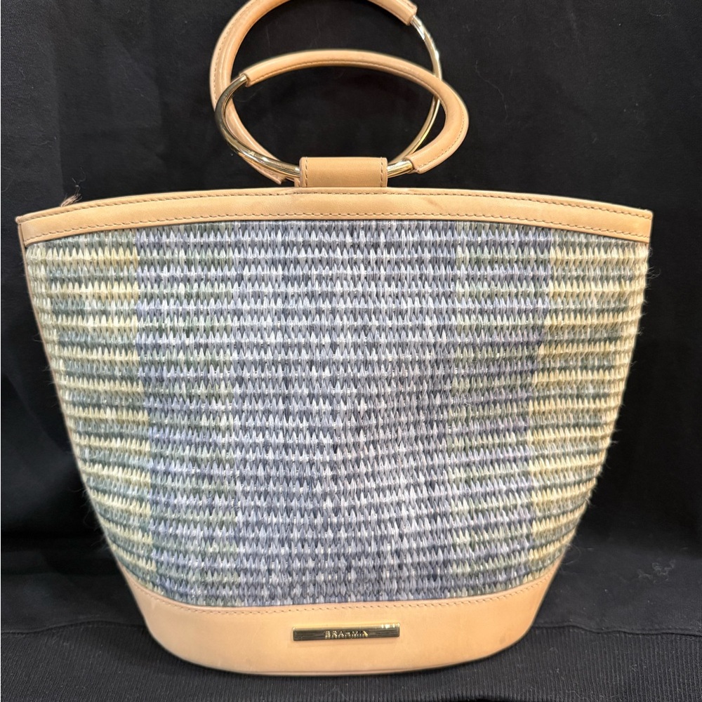 Brahmin Tan and Blue Woven Tote Bag